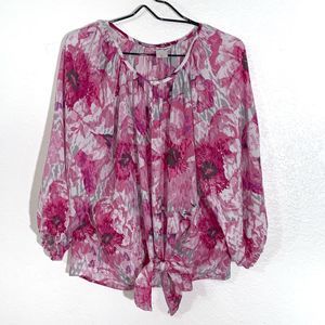 Allison Daley - Floral Pink White And Gray Floral Puffy Sleeve Blouse Size Large